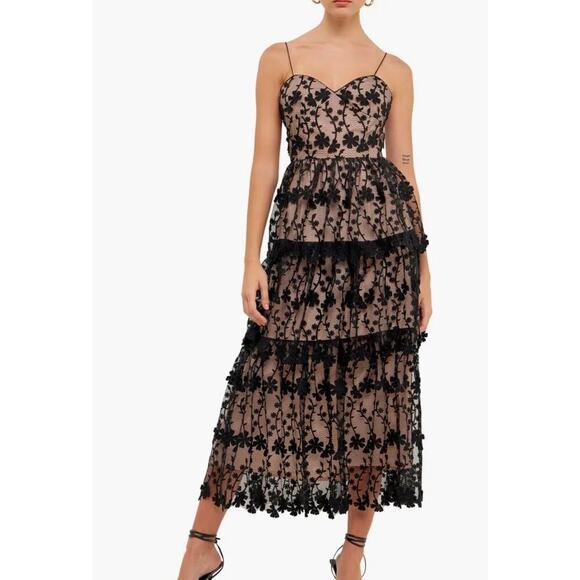Anthropologie Endless Rose Woman Black CROCHET LAYERED MIDI DRESS, Size … - Picture 1 of 12